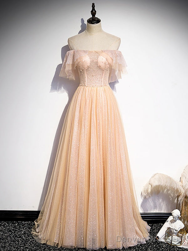 Sexy Champagne Tulle Sequins Off the Shoulder Prom Dress Main image