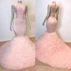 Sexy Chiffon High Collar Mermaid Prom Dress Sequins Pink Long