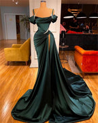 Sexy Dark Green Satin Mermaid Prom Dress 2026 Spaghetti Straps Pleats Seep Train Formal Evening Occasion Pageant Gowns