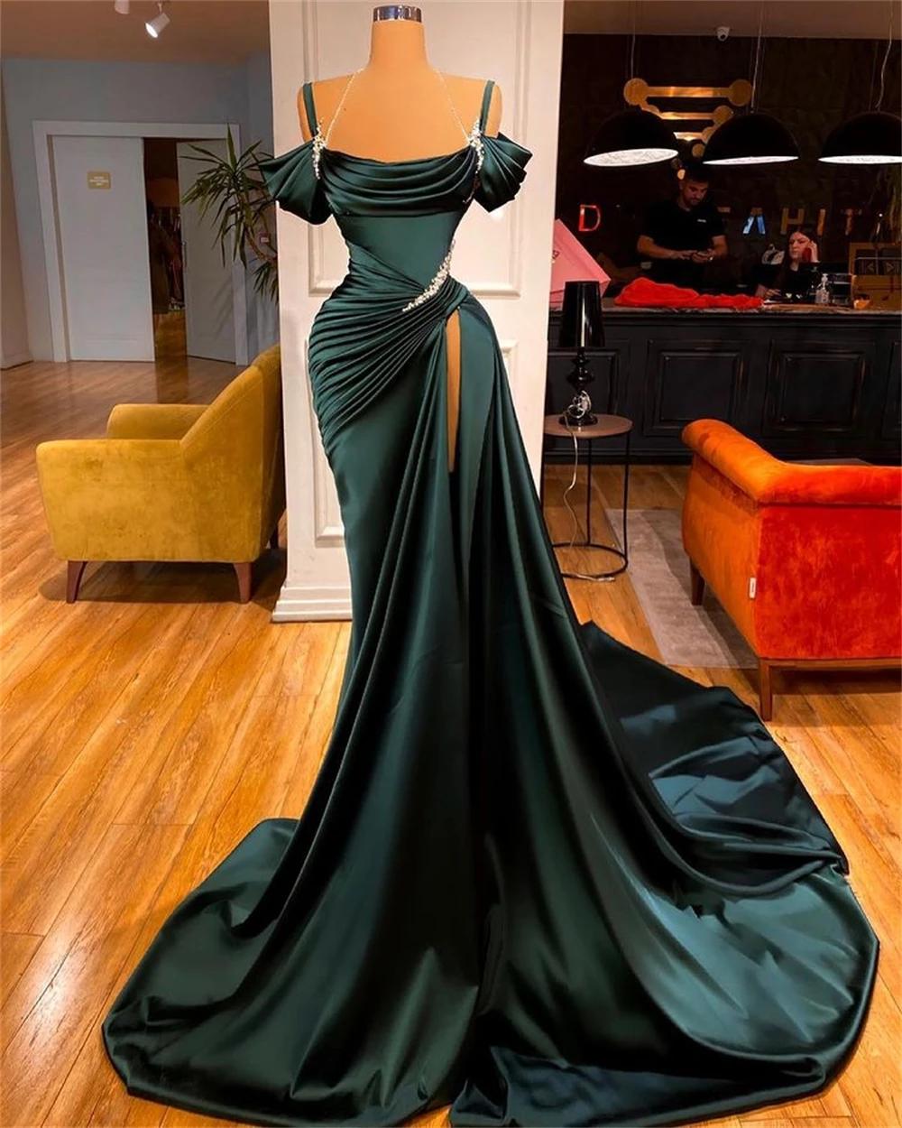 Sexy Dark Green Satin Mermaid Prom Dress 2026 Spaghetti Straps Pleats Seep Train Formal Evening Occasion Pageant Gowns