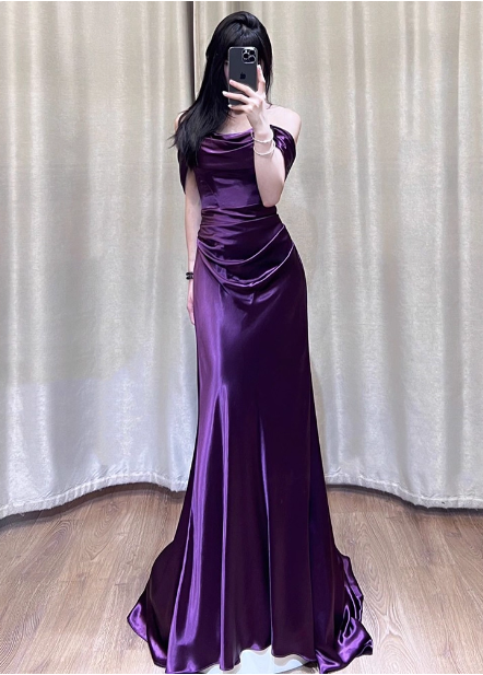 Sexy Deep Purple Mermaid Off-The-Shoulder Satin Long Prom Dress Evening Dress Main image