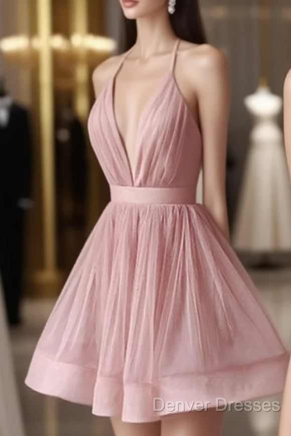 Sexy Deep V-Neck A-Line Backless Pink Homecoming Dress Online, Main image