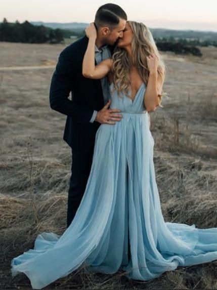 Sexy Deep V Neck Chiffon Evening Party Dress, Long Prom Dress