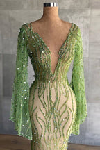 Sexy Deep V Neck Green Prom Dress Full Sleeve Crystals Sequined Mermaid Fashion Evening Gown Pageant Dresses
