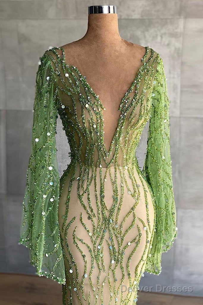 Sexy Deep V Neck Green Prom Dress Full Sleeve Crystals Sequined Mermaid Fashion Evening Gown Pageant Dresses