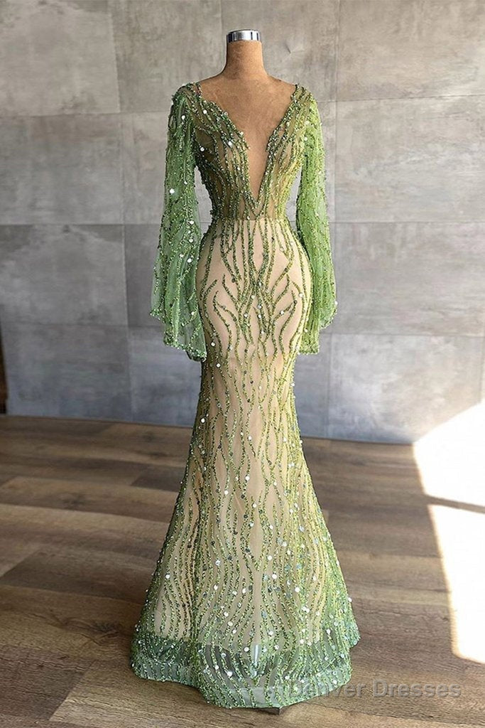 Sexy Deep V Neck Green Prom Dress Full Sleeve Crystals Sequined Mermaid Fashion Evening Gown Pageant Dresses