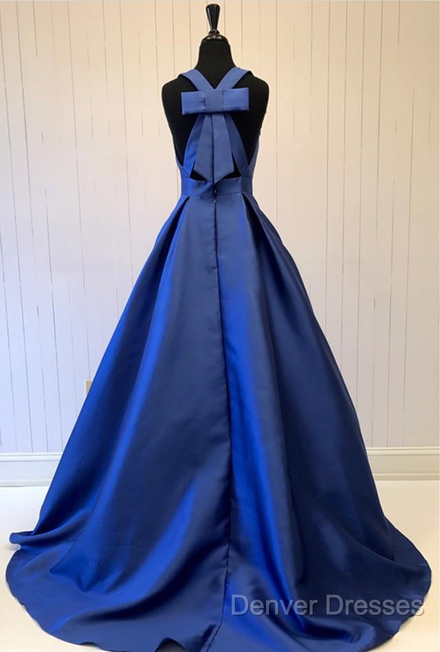 Sexy Deep V-Neck Long Satin Bow Back Evening Dress Floor Length Prom Gowns