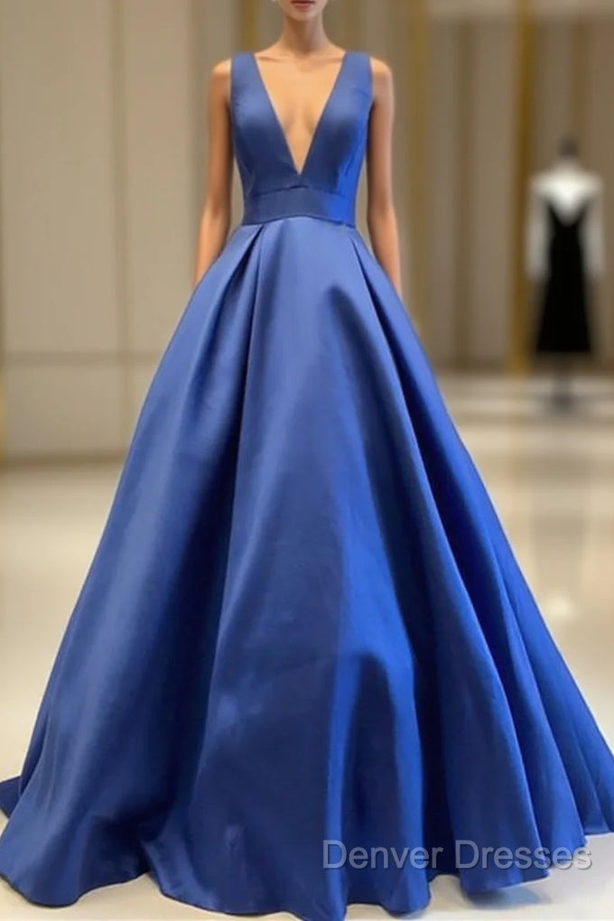 Sexy Deep V-Neck Long Satin Bow Back Evening Dress Floor Length Prom Gowns Main image