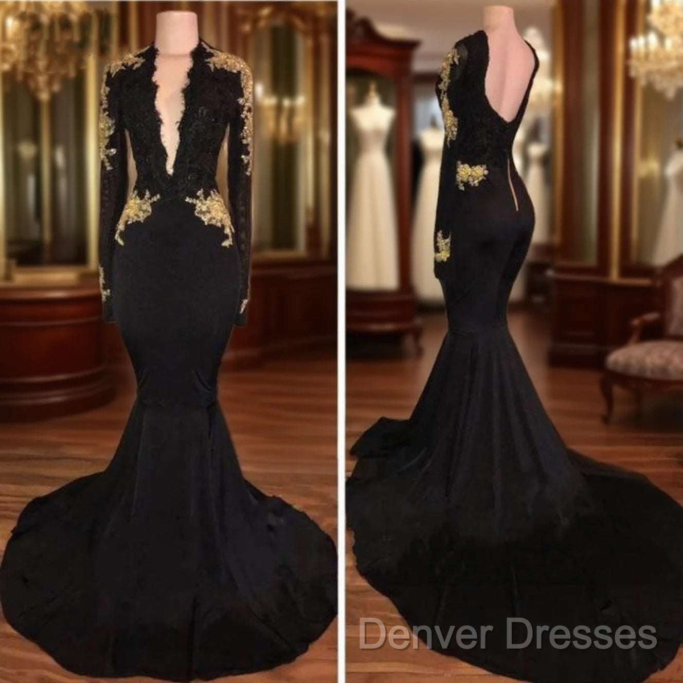 Sexy Deep V-Neck Long Sleeves Black Gold Prom Dress Main image