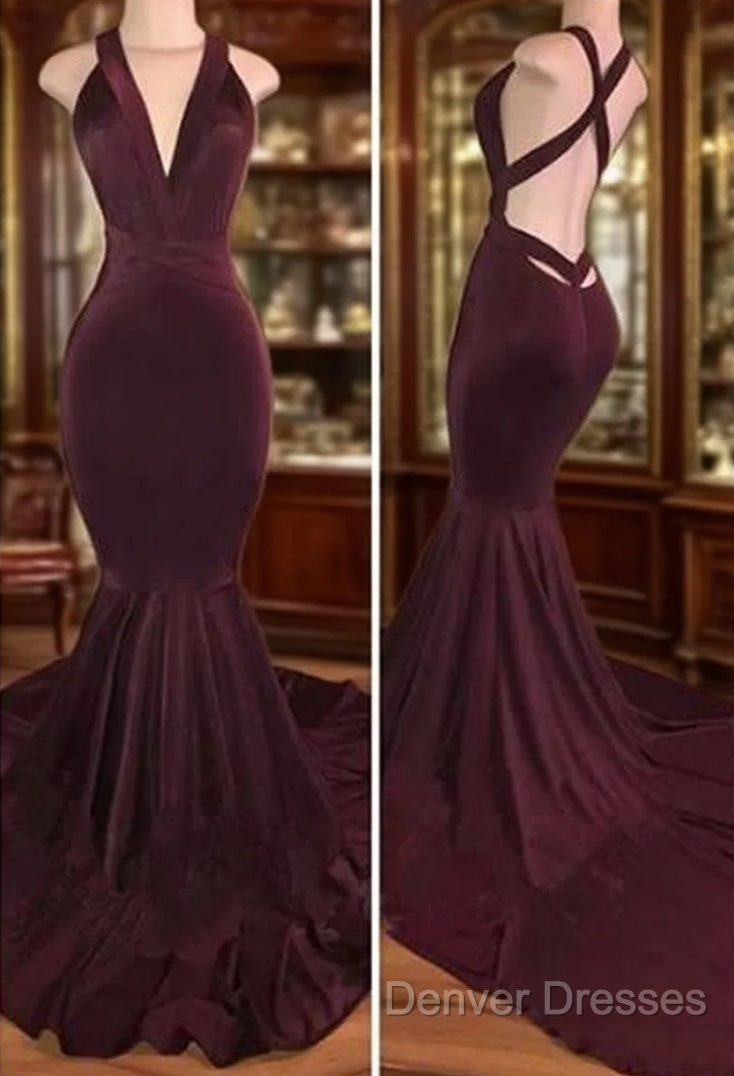 Sexy Deep V Neck Mermaid Velvet Burgundy Prom Dress Main image