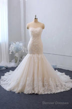 Sexy Floor Length Mermaid Lace Sequins Ivory Wedding Gowns