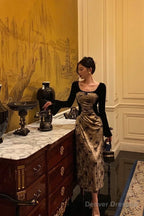 Sexy French A Line Square Neckline Velvet Black Prom Dresses Birthday Outfits Evening Gown