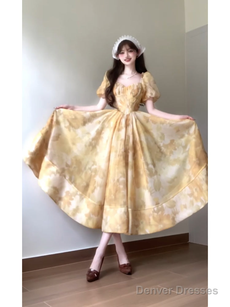 Sexy French A Line Square Neckline Yellow Holiday Dress Floral Birthday Dresses Birthday Outfits Secondary image