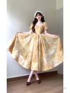 Sexy French A Line Square Neckline Yellow Holiday Dress Floral Birthday Dresses Birthday Outfits