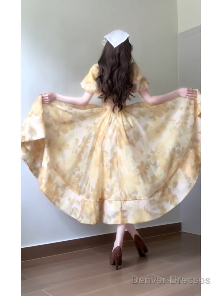 Sexy French A Line Square Neckline Yellow Holiday Dress Floral Birthday Dresses Birthday Outfits Main image