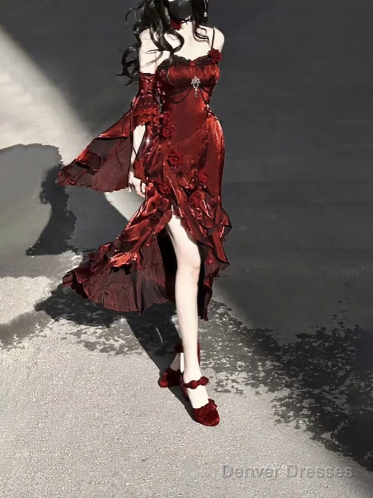 Sexy French High Low Spaghetti Straps Christmas Dress Burgundy Birthday Dresses Birthday Outfits Secondary image