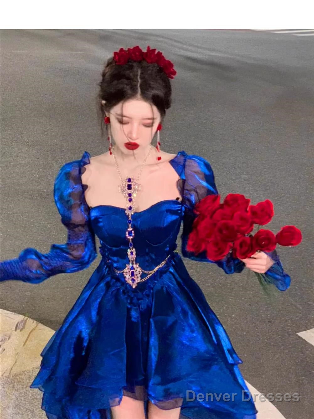 Sexy French High Low Sweetheart Christmas Dress Royal Blue Birthday Dresses Birthday Outfits
