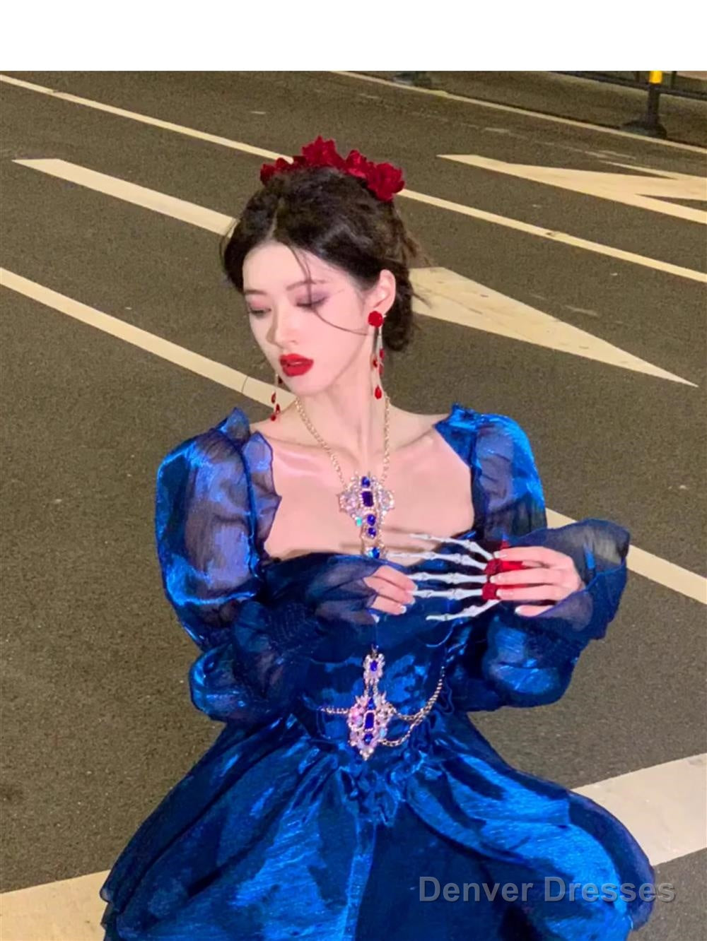 Sexy French High Low Sweetheart Christmas Dress Royal Blue Birthday Dresses Birthday Outfits