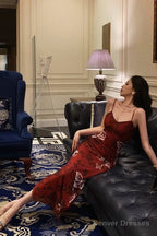 Sexy French Mermaid Spaghetti Straps Burgundy Prom Dresses Birthday Outfits Evening Gown