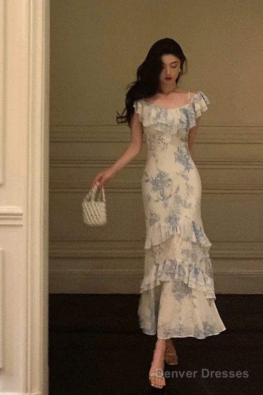 Sexy French Sheath Blue Floral Ruffles Prom Dresses Birthday Outfits Evening Gown Main image