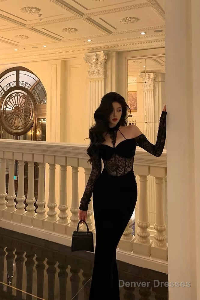 Sexy French Sheath Off The Shoulder Black Lace Prom Dresses Birthday Outfits Evening Gown