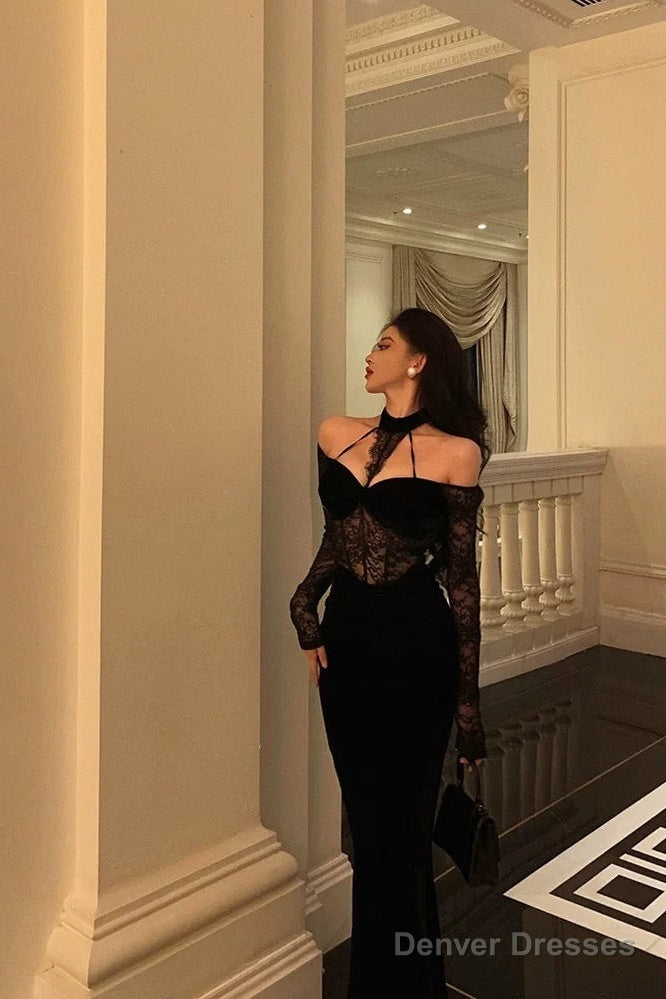 Sexy French Sheath Off The Shoulder Black Lace Prom Dresses Birthday Outfits Evening Gown