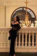 Sexy French Sheath Off The Shoulder Black Lace Prom Dresses Birthday Outfits Evening Gown