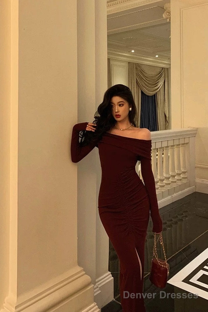 Sexy French Sheath Off The Shoulder Burgundy Split Prom Dresses Birthday Outfits Evening Gown Secondary image