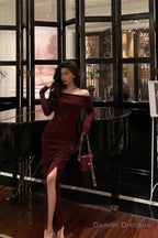 Sexy French Sheath Off The Shoulder Burgundy Split Prom Dresses Birthday Outfits Evening Gown