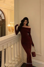Sexy French Sheath Off The Shoulder Burgundy Split Prom Dresses Birthday Outfits Evening Gown