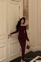 Sexy French Sheath Off The Shoulder Burgundy Split Prom Dresses Birthday Outfits Evening Gown