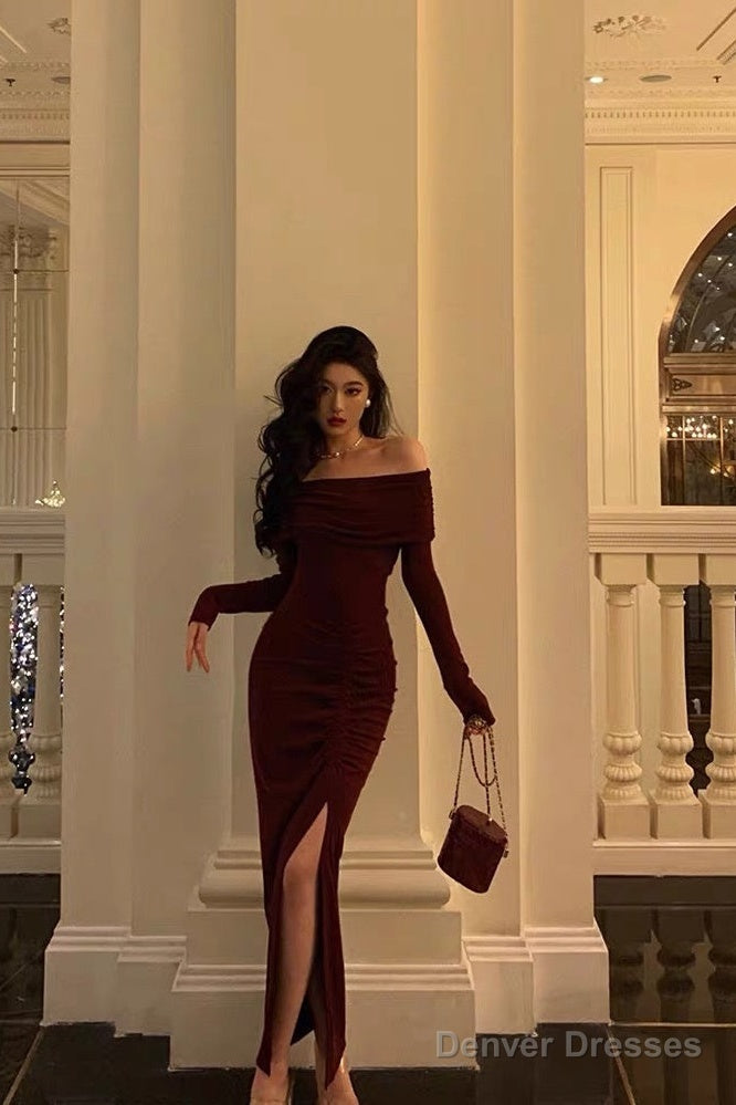 Sexy French Sheath Off The Shoulder Burgundy Split Prom Dresses Birthday Outfits Evening Gown Main image
