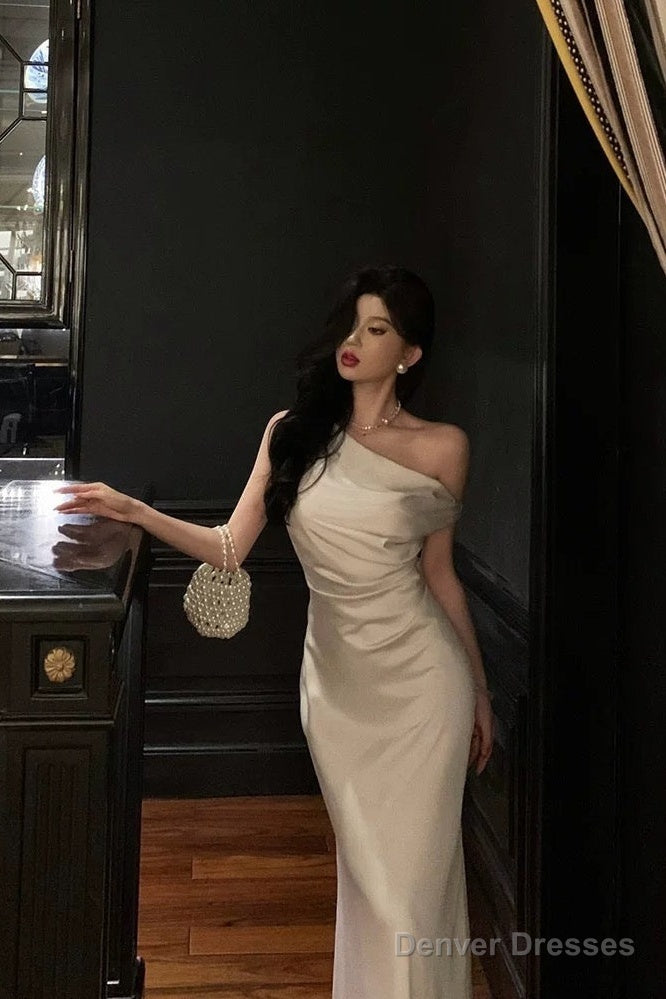 Sexy French Sheath One Shoulder White Prom Dresses Birthday Outfits Evening Gown Secondary image