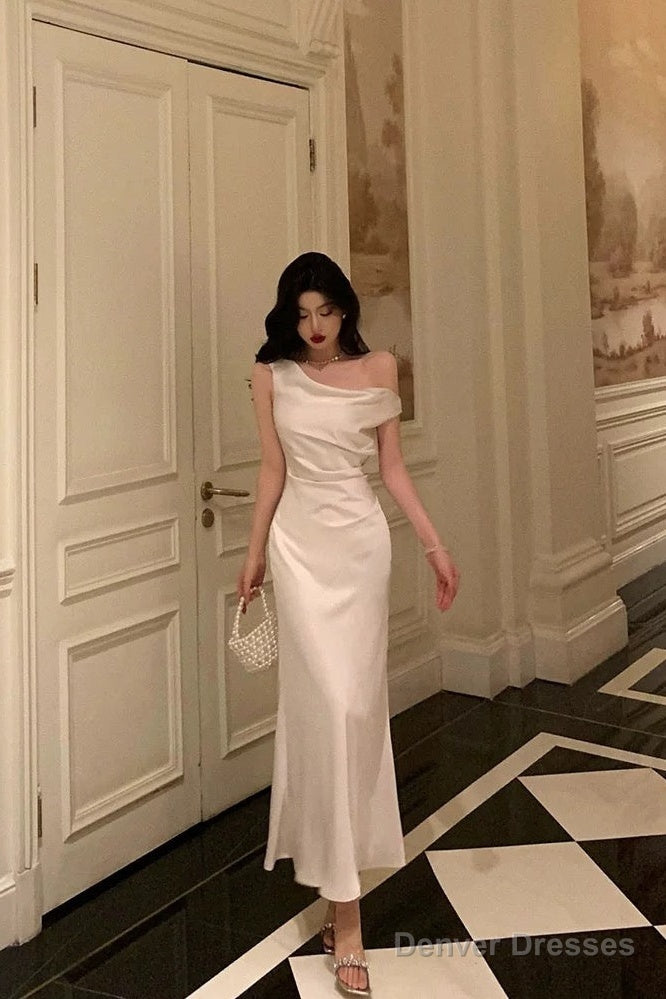 Sexy French Sheath One Shoulder White Prom Dresses Birthday Outfits Evening Gown