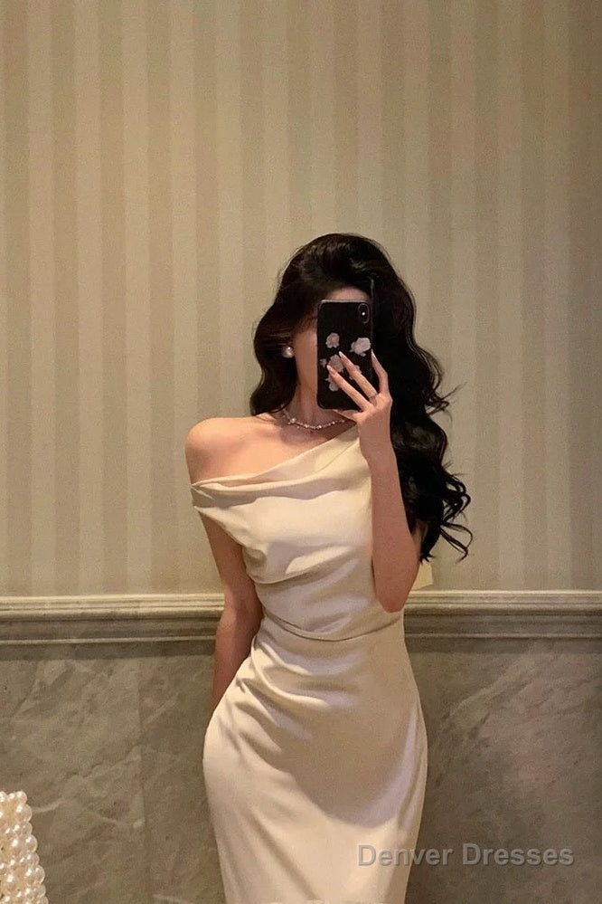 Sexy French Sheath One Shoulder White Prom Dresses Birthday Outfits Evening Gown