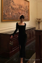 Sexy French Sheath Square Neckline Black Prom Dresses Birthday Outfits Evening Gown