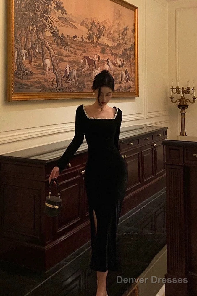 Sexy French Sheath Square Neckline Black Prom Dresses Birthday Outfits Evening Gown