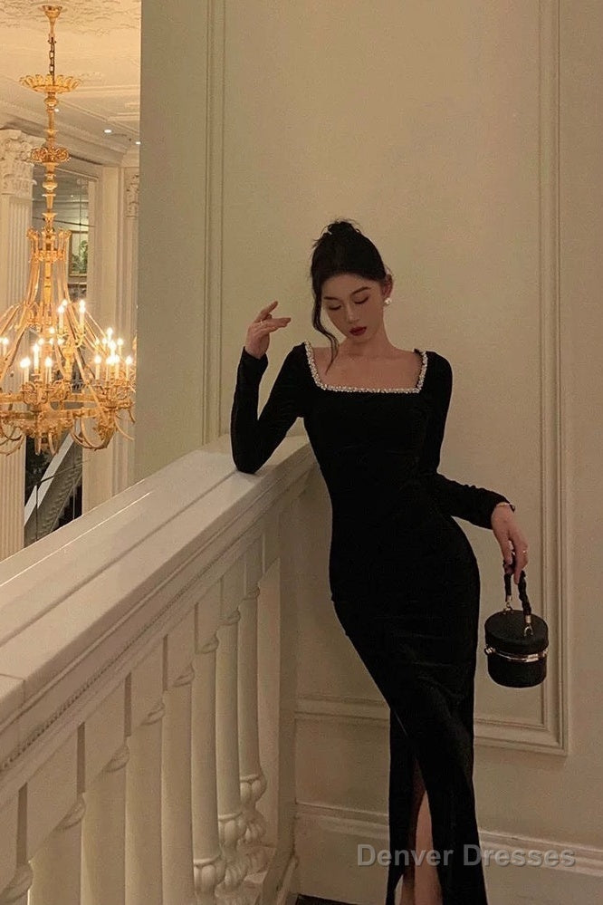 Sexy French Sheath Square Neckline Black Prom Dresses Birthday Outfits Evening Gown