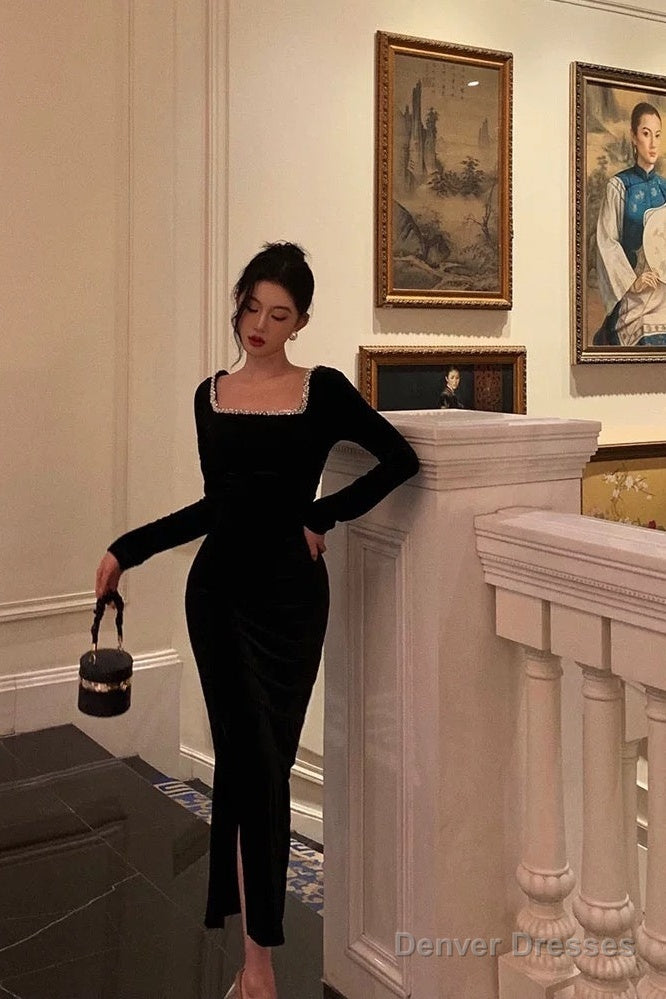 Sexy French Sheath Square Neckline Black Prom Dresses Birthday Outfits Evening Gown