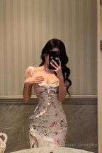 Sexy French Sheath Square Neckline Floral Pink Prom Dresses Birthday Outfits Evening Gown