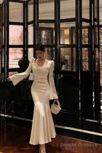 Sexy French Sheath Square Neckline Ivory Long Sleeves Prom Dresses Birthday Outfits Evening Gown