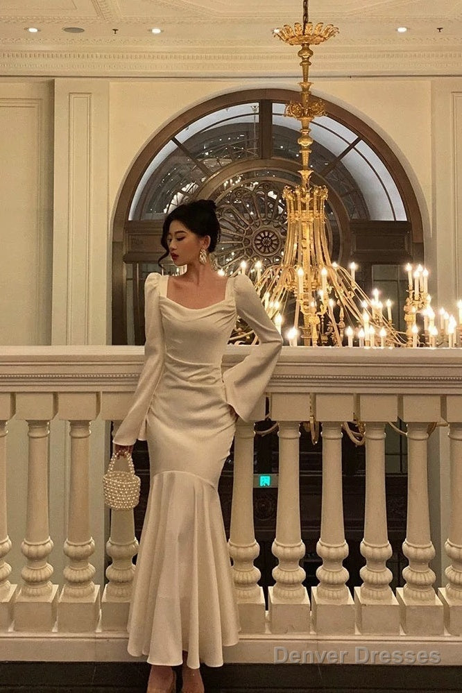 Sexy French Sheath Square Neckline Ivory Long Sleeves Prom Dresses Birthday Outfits Evening Gown