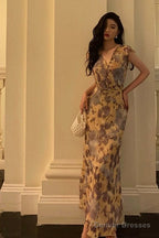 Sexy French Sheath V Neckline Floral Long Prom Dresses Birthday Outfits Evening Gown