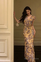 Sexy French Sheath V Neckline Floral Long Prom Dresses Birthday Outfits Evening Gown