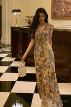 Sexy French Sheath V Neckline Floral Long Prom Dresses Birthday Outfits Evening Gown