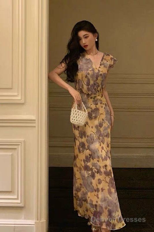 Sexy French Sheath V Neckline Floral Long Prom Dresses Birthday Outfits Evening Gown