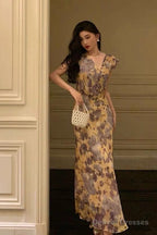Sexy French Sheath V Neckline Floral Long Prom Dresses Birthday Outfits Evening Gown