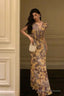 Sexy French Sheath V Neckline Floral Long Prom Dresses Birthday Outfits Evening Gown