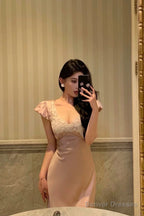 Sexy French Sheath V Neckline Long Pink Prom Dresses Birthday Outfits Evening Gown