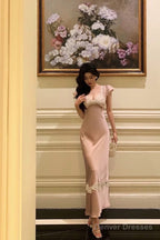 Sexy French Sheath V Neckline Long Pink Prom Dresses Birthday Outfits Evening Gown